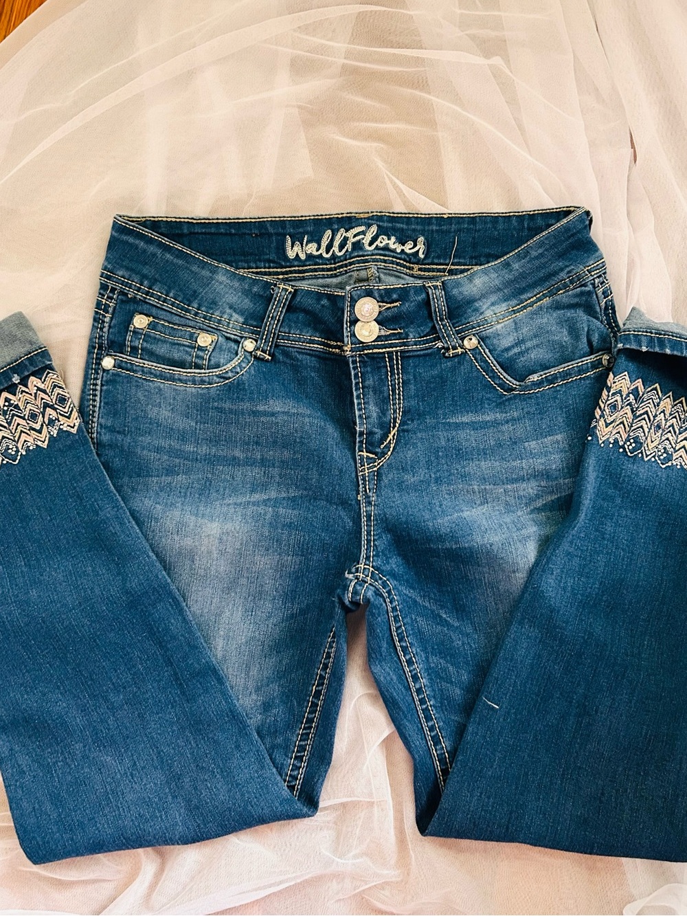Wallflower Dark Blue Embroidered Ankle Skinny Jeans